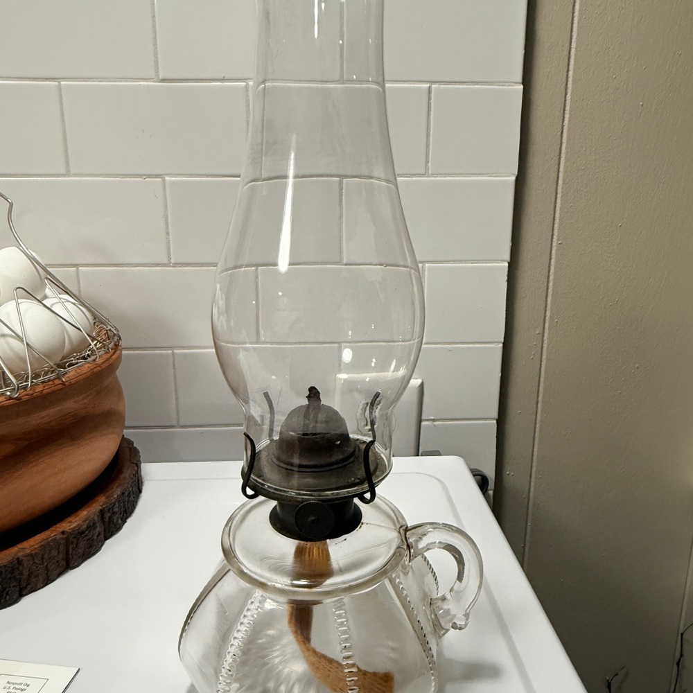 Vintage Glass Oil Lamp with Black Metal Accents